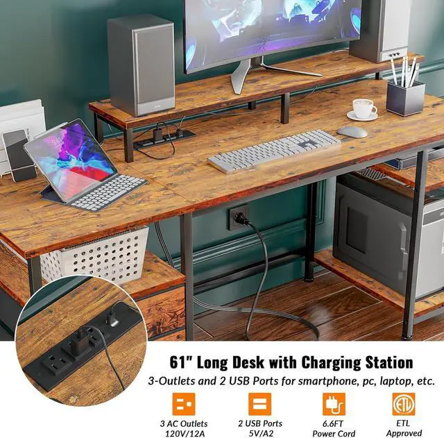 Alt view image 5 of 7 - 61" Computer Desk with Power Outlet and USB Ports, Large Desk with Shelves and Drawer, Writing Study Desk with Fabric File Cabinet and Long Monitor Stand, Gaming Desk for Home Office