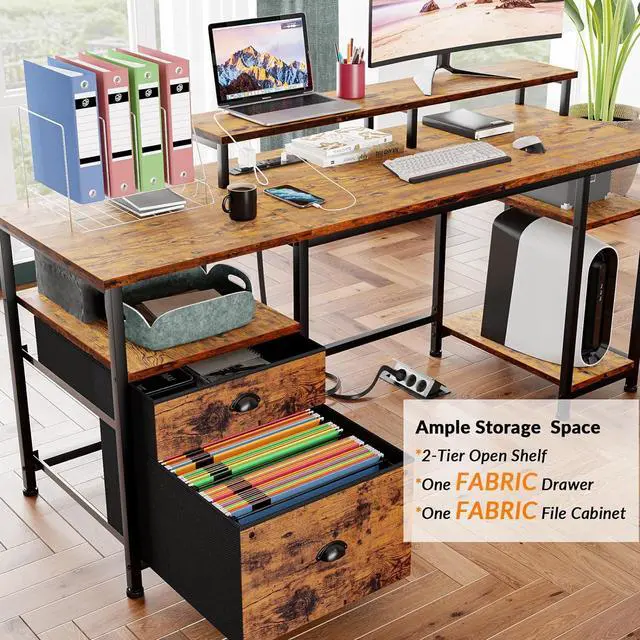 Alt view image 6 of 7 - 61" Computer Desk with Power Outlet and USB Ports, Large Desk with Shelves and Drawer, Writing Study Desk with Fabric File Cabinet and Long Monitor Stand, Gaming Desk for Home Office
