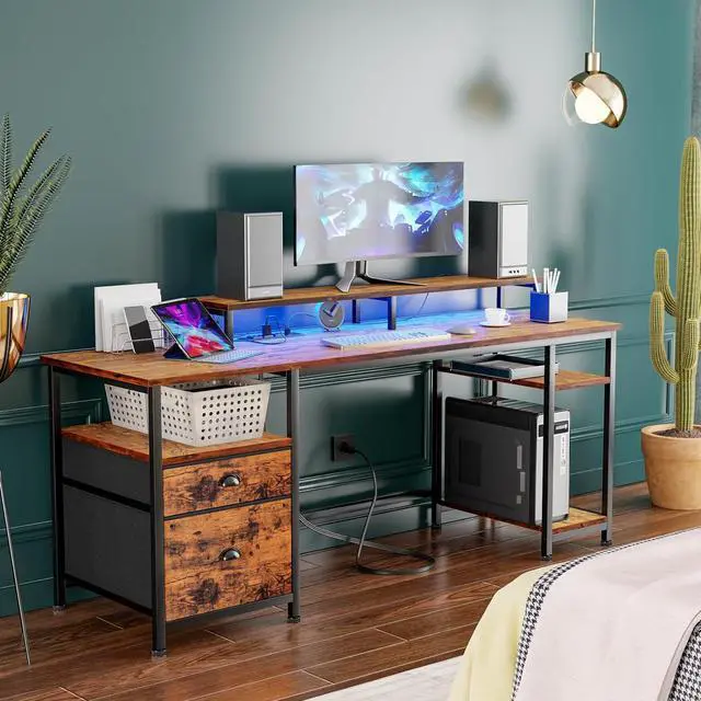Alt view image 7 of 7 - 61" Computer Desk with Power Outlet and USB Ports, Large Desk with Shelves and Drawer, Writing Study Desk with Fabric File Cabinet and Long Monitor Stand, Gaming Desk for Home Office