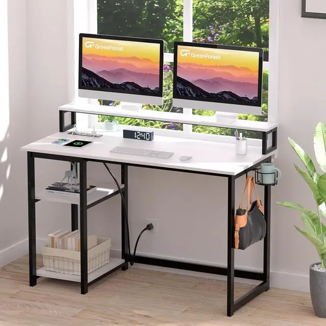Alt view image 2 of 7 - GreenForest Computer Desk with USB Charging Port and Power Outlet, Reversible Small Desk with Monitor Stand and Storage Shelves for Home Office, 40 in Work Desk with Cup Holder Hook, White