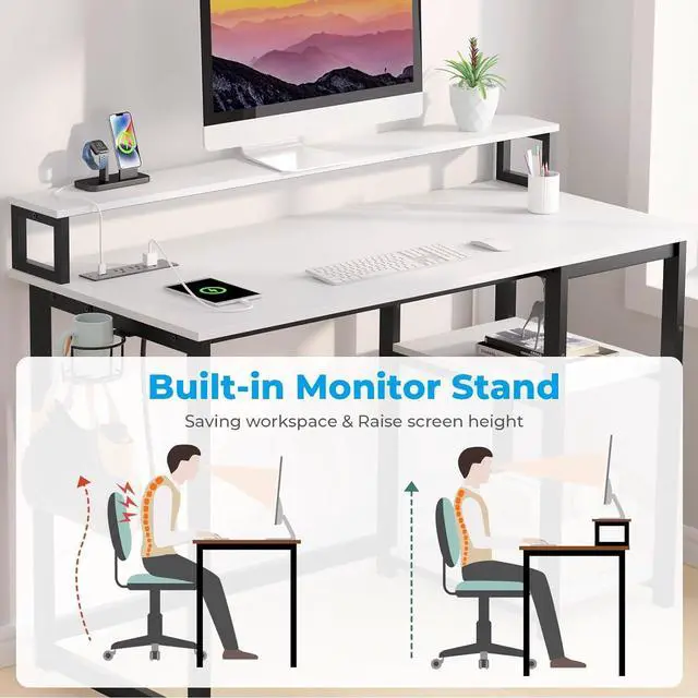 Alt view image 5 of 7 - GreenForest Computer Desk with USB Charging Port and Power Outlet, Reversible Small Desk with Monitor Stand and Storage Shelves for Home Office, 40 in Work Desk with Cup Holder Hook, White
