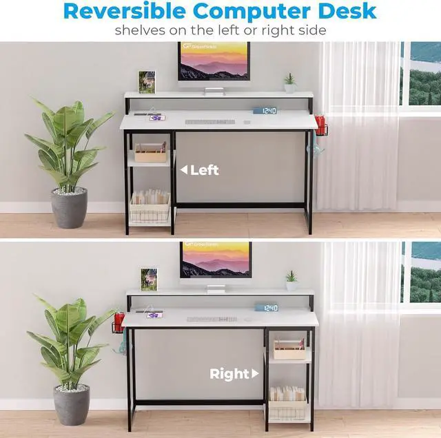 Alt view image 7 of 7 - GreenForest Computer Desk with USB Charging Port and Power Outlet, Reversible Small Desk with Monitor Stand and Storage Shelves for Home Office, 40 in Work Desk with Cup Holder Hook, White