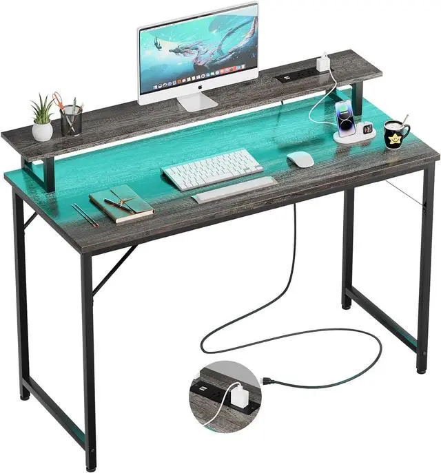 Main image of 47 inch Computer Desk with Power Outlets, Gaming Desk with LED Lights, Home Office Work Desk with Monitor Shelf, Modern Office Desk Study Writing Table for Small Spaces, Black Oak