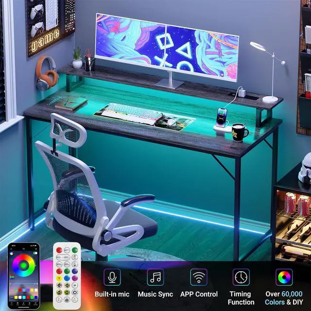 Alt view image 4 of 7 - 47 inch Computer Desk with Power Outlets, Gaming Desk with LED Lights, Home Office Work Desk with Monitor Shelf, Modern Office Desk Study Writing Table for Small Spaces, Black Oak