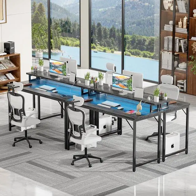 Alt view image 7 of 7 - 47 inch Computer Desk with Power Outlets, Gaming Desk with LED Lights, Home Office Work Desk with Monitor Shelf, Modern Office Desk Study Writing Table for Small Spaces, Black Oak
