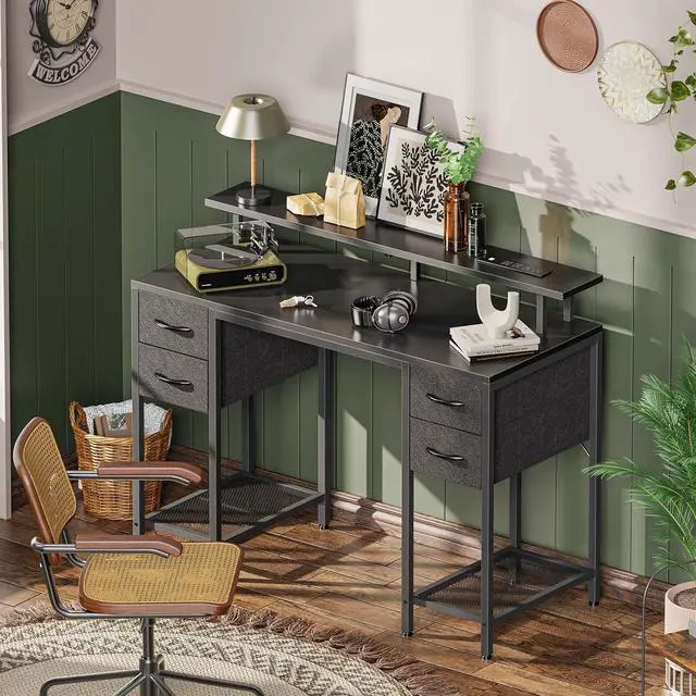 Alt view image 2 of 7 - Huuger 47 inch Computer Desk with 4 Drawers, Gaming Desk with LED Lights & Power Outlets, Home Office Desk with Large Storage Space for Bedroom, Work from Home, Black