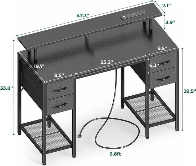 Alt view image 3 of 7 - Huuger 47 inch Computer Desk with 4 Drawers, Gaming Desk with LED Lights & Power Outlets, Home Office Desk with Large Storage Space for Bedroom, Work from Home, Black