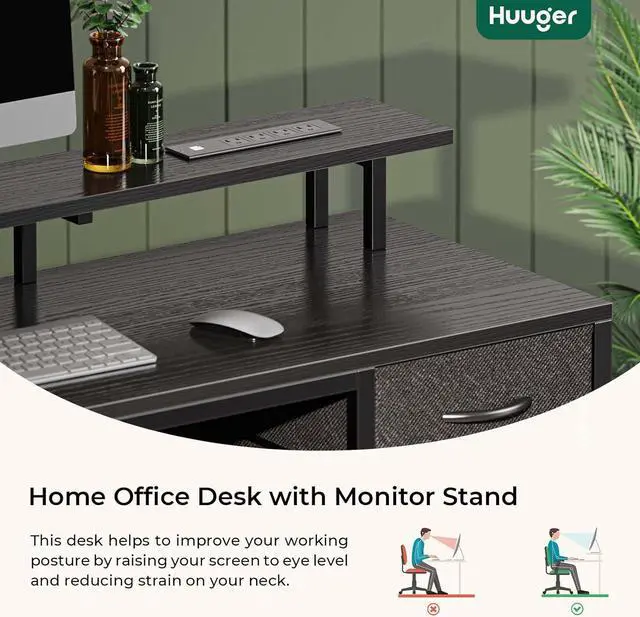 Alt view image 7 of 7 - Huuger 47 inch Computer Desk with 4 Drawers, Gaming Desk with LED Lights & Power Outlets, Home Office Desk with Large Storage Space for Bedroom, Work from Home, Black
