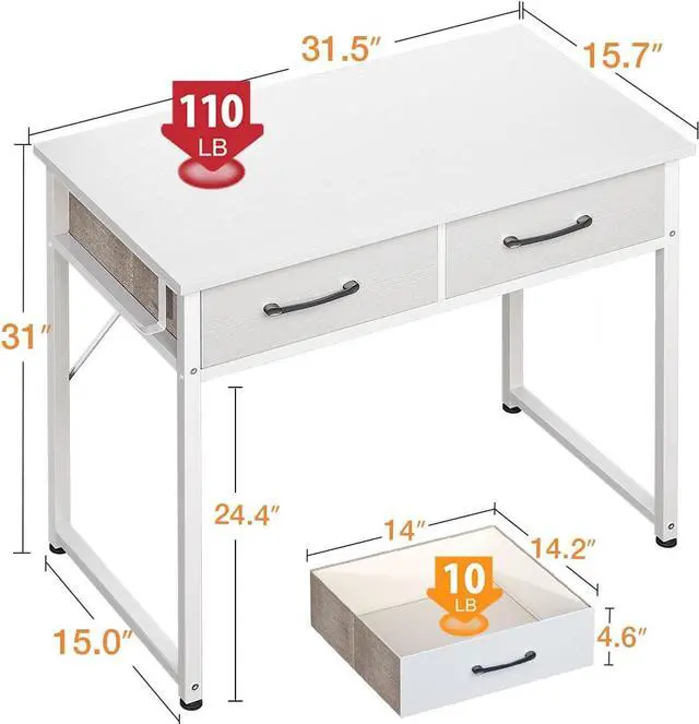Alt view image 3 of 7 - Small Desk with Fabric Drawers- for Bedroom, White Vanity Desk with Storage, Home Office Computer Desk for Small Spaces, 32 Inch Modern Work Writing Study Table, White