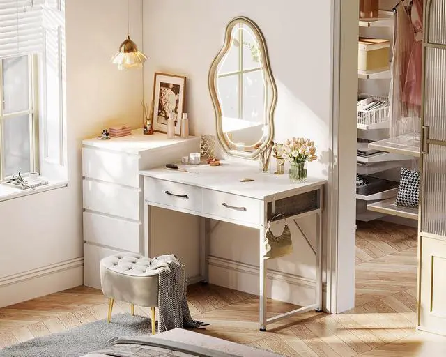 Alt view image 4 of 7 - Small Desk with Fabric Drawers- for Bedroom, White Vanity Desk with Storage, Home Office Computer Desk for Small Spaces, 32 Inch Modern Work Writing Study Table, White