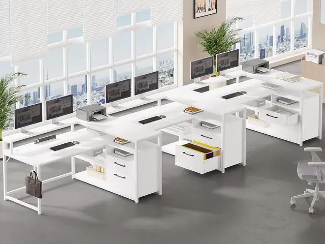 Alt view image 3 of 7 - White Computer Desk with Drawers, 55" Home Office Desk with File Drawer and Storage Shelves, L Shaped Gaming Desk with LED Lights and Monitor Shelf