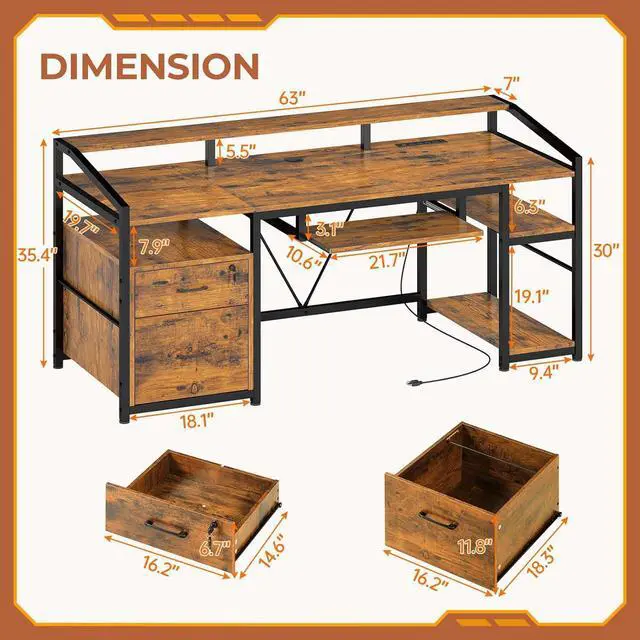 Alt view image 2 of 7 - 63" Computer Desk, Office Desk with Lock Drawers for Legal/Letter File, Gaming Desk with LED Light & Power Outlet, Home Office Desks for Printer, Rustic Brown