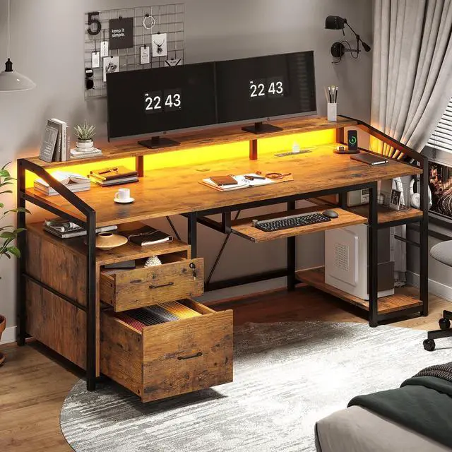 Main image of 63" Computer Desk, Office Desk with Lock Drawers for Legal/Letter File, Gaming Desk with LED Light & Power Outlet, Home Office Desks for Printer, Rustic Brown