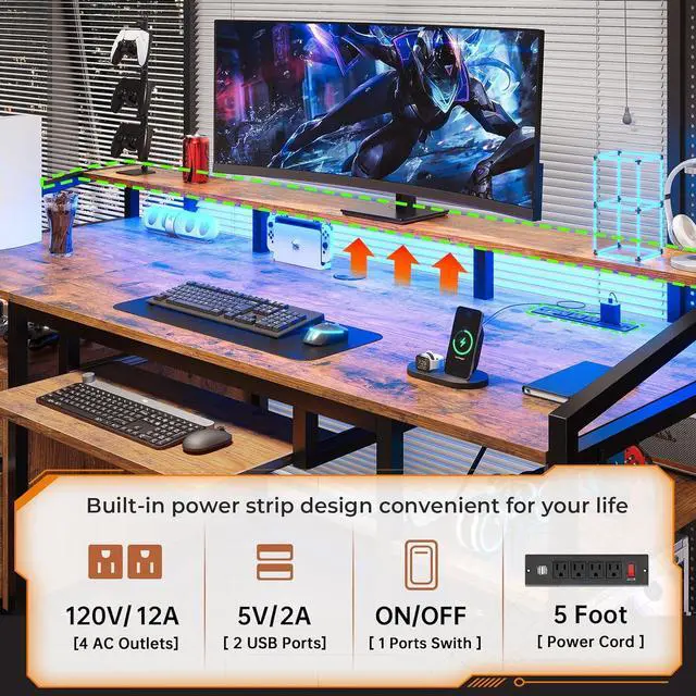 Alt view image 4 of 7 - 63" Computer Desk, Office Desk with Lock Drawers for Legal/Letter File, Gaming Desk with LED Light & Power Outlet, Home Office Desks for Printer, Rustic Brown