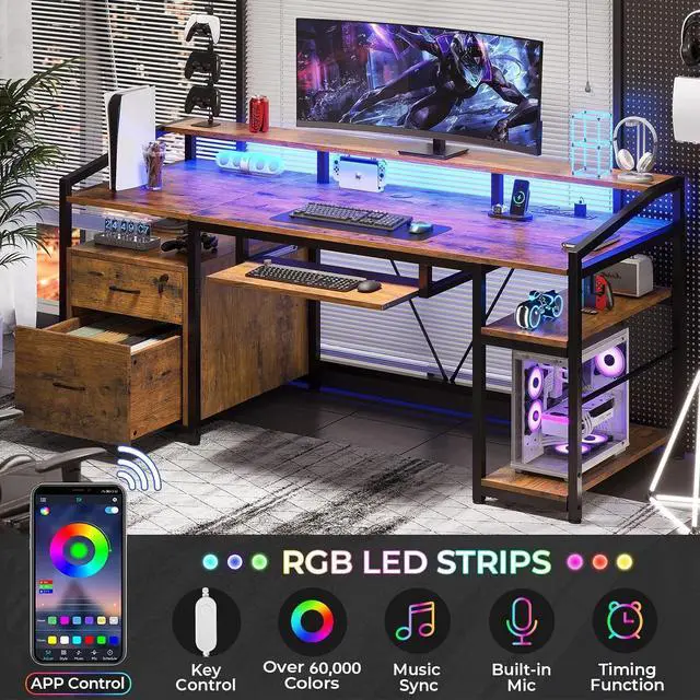 Alt view image 5 of 7 - 63" Computer Desk, Office Desk with Lock Drawers for Legal/Letter File, Gaming Desk with LED Light & Power Outlet, Home Office Desks for Printer, Rustic Brown