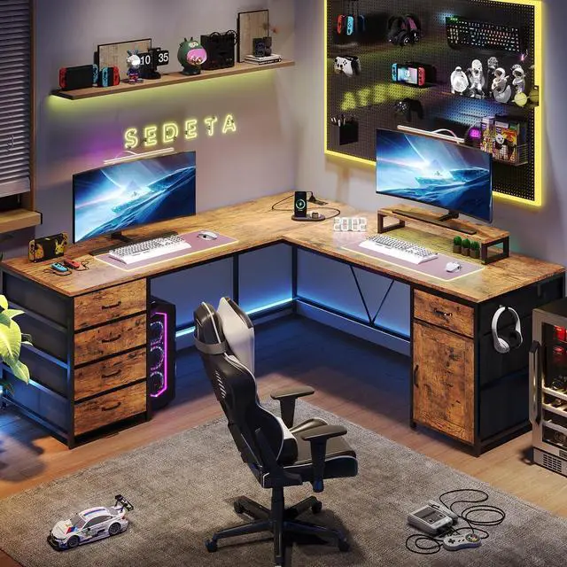 Alt view image 3 of 7 - SEDETA L Shaped Desk, 63" Computer Desk with 5 Drawer & Power Outlet, Long Home Office Desk or Corner Desk, L Shaped Corner Desk with Monitor Shelf, Storage Cabinet, Rustic Brown