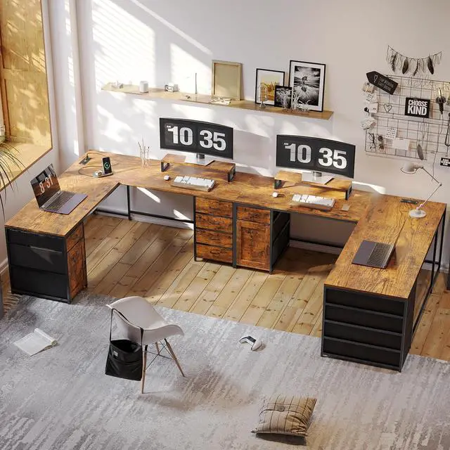 Alt view image 4 of 7 - SEDETA L Shaped Desk, 63" Computer Desk with 5 Drawer & Power Outlet, Long Home Office Desk or Corner Desk, L Shaped Corner Desk with Monitor Shelf, Storage Cabinet, Rustic Brown