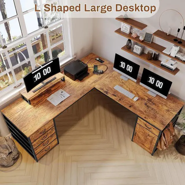 Alt view image 7 of 7 - SEDETA L Shaped Desk, 63" Computer Desk with 5 Drawer & Power Outlet, Long Home Office Desk or Corner Desk, L Shaped Corner Desk with Monitor Shelf, Storage Cabinet, Rustic Brown