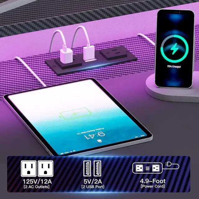 Alt view image 7 of 7 - 79" Gaming Desk, Computer Desk with 2 Fabric Drawers & LED Light, L Shaped Gaming Desk with Storage Shelf for Home Office, Carbon Fiber Black