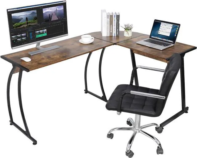Alt view image 3 of 7 - SUPER DEAL L-Shaped Corner Desk Computer Gaming Desk - Modern Home PC Table Office Writing Workstation, Rustic Brown