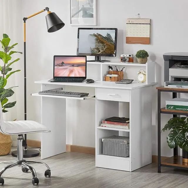 Alt view image 2 of 7 - Yaheetech Desk with Keyboard Tray, Home Office Computer Desk Wooden PC Laptop Desk, Morden Sturdy Study Writing Table, White