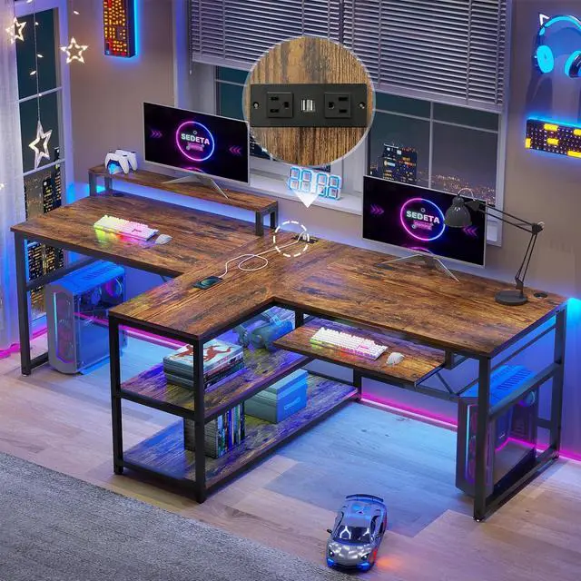 Main image of SEDETA 94.5" Home Office Desks, Computer Gaming Desk with Storage, LED Lights, Power Strip with USB, Keyboard Tray & Monitor Stand, Extra Long Double Desk for 2 Person, Rustic Brown