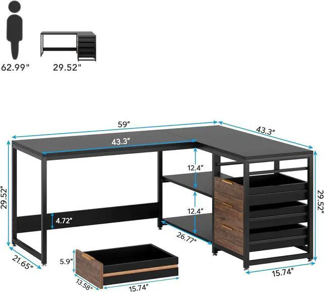 Alt view image 3 of 7 - LITTLE TREE 59-Inch L Shaped Desk with Drawers, Large Computer Desk with Storage Shelves, Reversible L-Shaped Corner Desk Workstation for Home Office
