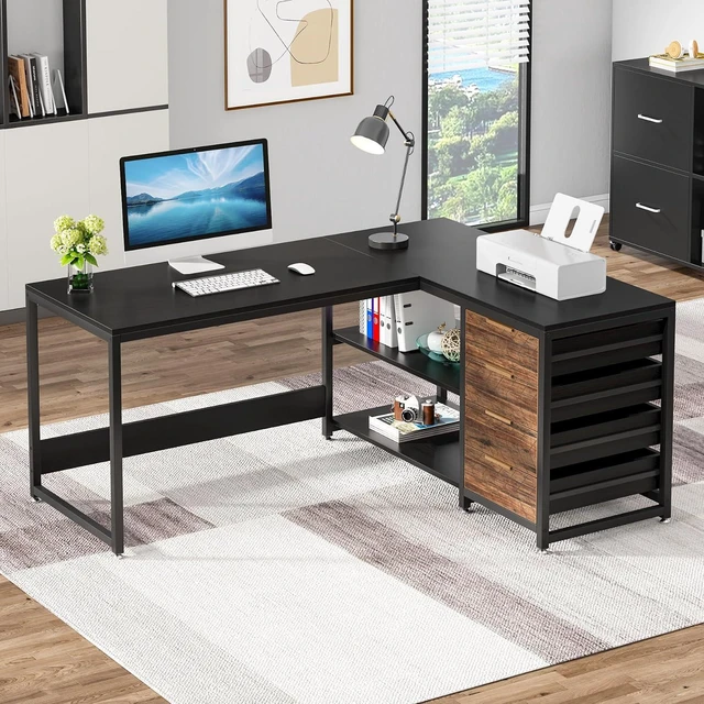 Alt view image 3 of 7 - Tribesigns L Shaped Computer Desk with Storage Drawers, 59 inch Corner Desk with Shelves, Reversible L-Shaped Office Desk Study Writing Table Workstation for Home Office, Black