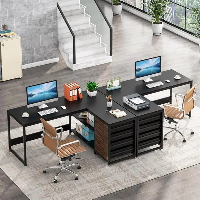 Alt view image 4 of 7 - LITTLE TREE 59-Inch L Shaped Desk with Drawers, Large Computer Desk with Storage Shelves, Reversible L-Shaped Corner Desk Workstation for Home Office