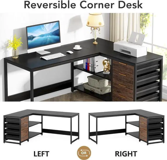 Alt view image 6 of 7 - LITTLE TREE 59-Inch L Shaped Desk with Drawers, Large Computer Desk with Storage Shelves, Reversible L-Shaped Corner Desk Workstation for Home Office