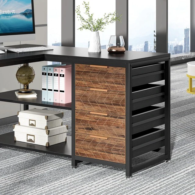 Alt view image 7 of 7 - Tribesigns L Shaped Computer Desk with Storage Drawers, 59 inch Corner Desk with Shelves, Reversible L-Shaped Office Desk Study Writing Table Workstation for Home Office, Black