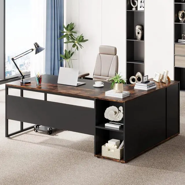 Main image of Tribesigns 71 inch Executive Desk, L Shaped Desk with Cabinet Storage, Executive Office Desk with Shelves, Business Furniture Desk Workstation for Home Office, Brown and Black