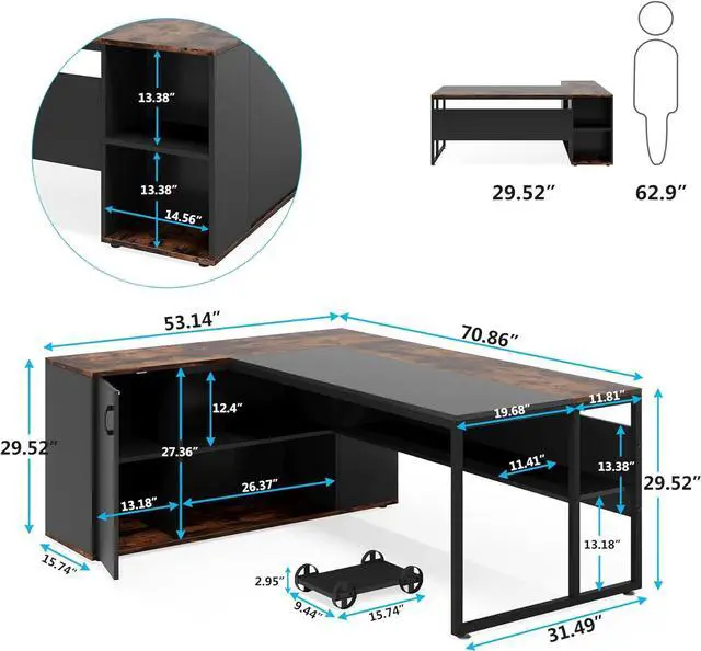 Alt view image 2 of 7 - Tribesigns 71 inch Executive Desk, L Shaped Desk with Cabinet Storage, Executive Office Desk with Shelves, Business Furniture Desk Workstation for Home Office, Brown and Black