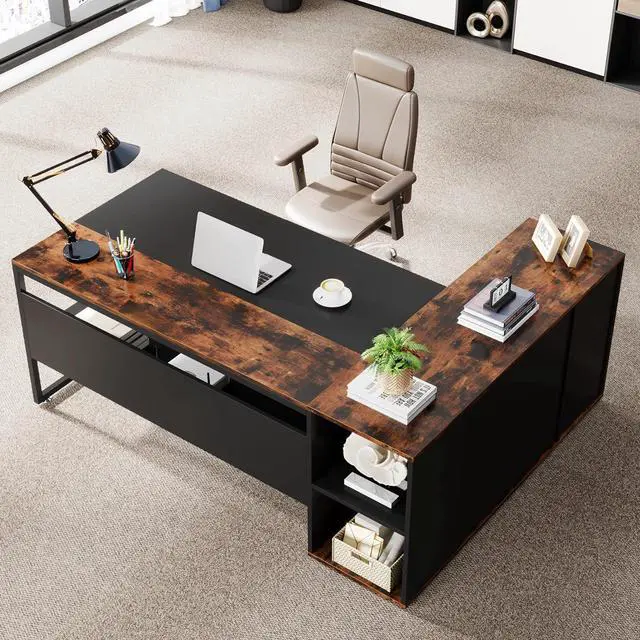 Alt view image 3 of 7 - Tribesigns 71 inch Executive Desk, L Shaped Desk with Cabinet Storage, Executive Office Desk with Shelves, Business Furniture Desk Workstation for Home Office, Brown and Black