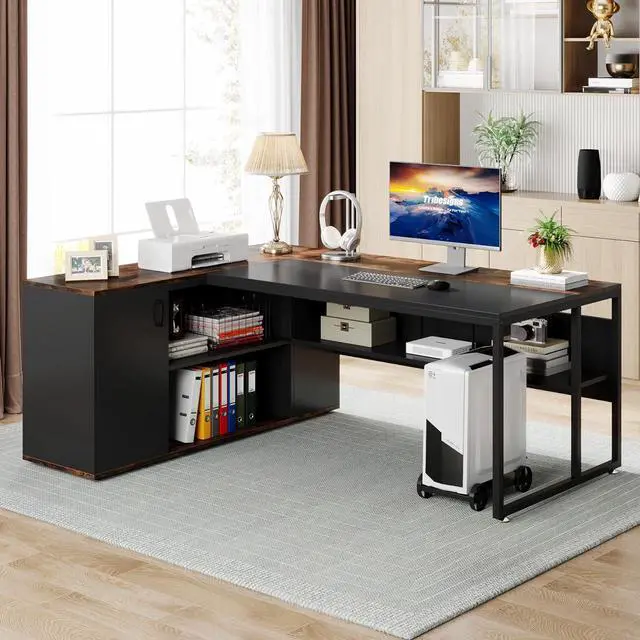 Alt view image 4 of 7 - Tribesigns 71 inch Executive Desk, L Shaped Desk with Cabinet Storage, Executive Office Desk with Shelves, Business Furniture Desk Workstation for Home Office, Brown and Black