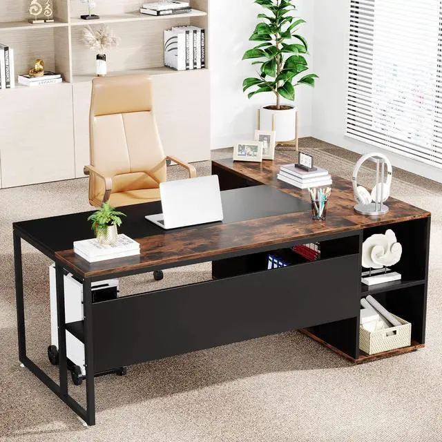 Alt view image 5 of 7 - Tribesigns 71 inch Executive Desk, L Shaped Desk with Cabinet Storage, Executive Office Desk with Shelves, Business Furniture Desk Workstation for Home Office, Brown and Black