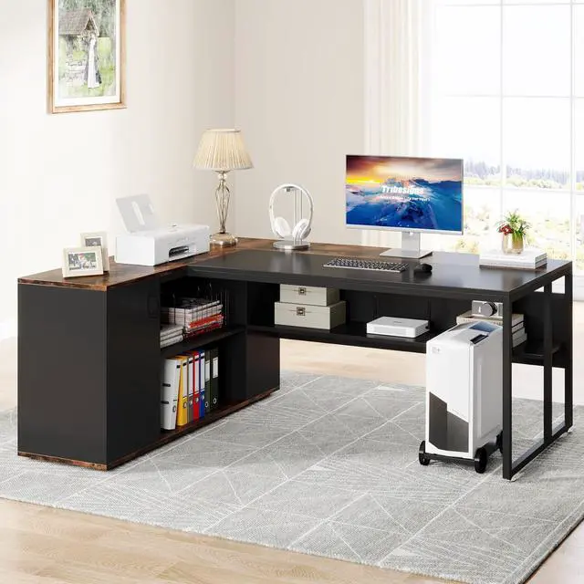 Alt view image 6 of 7 - Tribesigns 71 inch Executive Desk, L Shaped Desk with Cabinet Storage, Executive Office Desk with Shelves, Business Furniture Desk Workstation for Home Office, Brown and Black