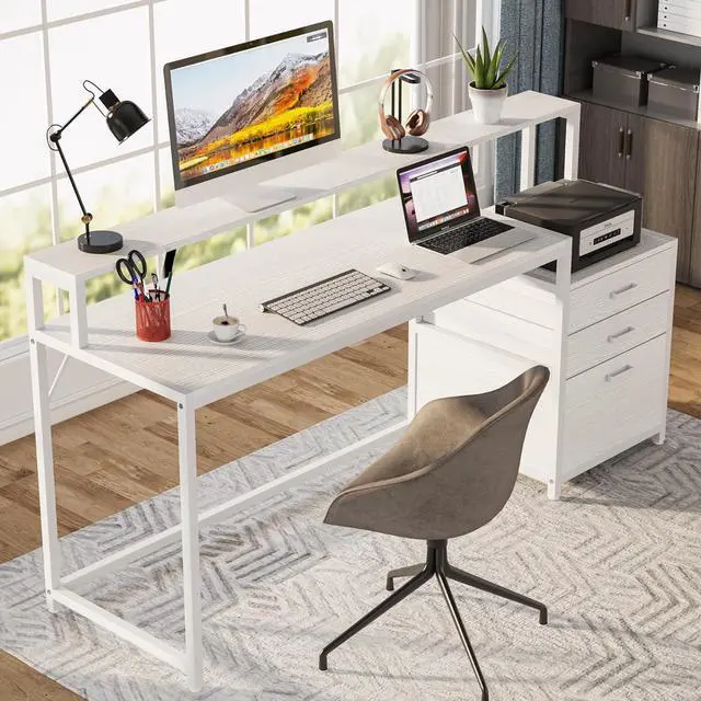 Alt view image 3 of 7 - Tribesigns 63 Inch Computer Desk with File Drawer Cabinet, Ergonomic Desk | Office Desk with Monitor Stand, Computer Table with Printer Space, Wood PC Table Workstation Desk for Home Office, White