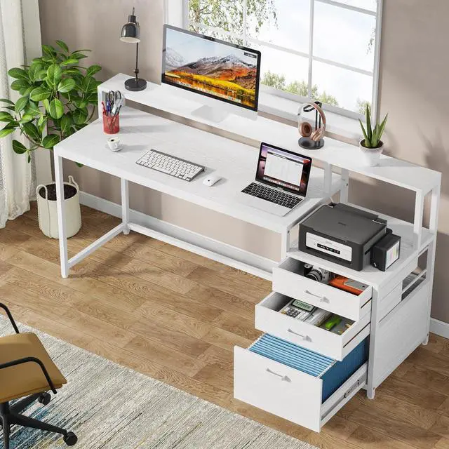 Alt view image 4 of 7 - Tribesigns 63 Inch Computer Desk with File Drawer Cabinet, Ergonomic Desk | Office Desk with Monitor Stand, Computer Table with Printer Space, Wood PC Table Workstation Desk for Home Office, White