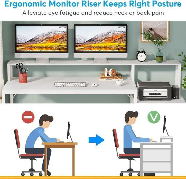 Alt view image 5 of 7 - Tribesigns 63 Inch Computer Desk with File Drawer Cabinet, Ergonomic Desk | Office Desk with Monitor Stand, Computer Table with Printer Space, Wood PC Table Workstation Desk for Home Office, White
