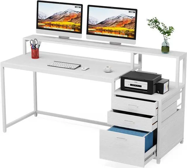 Alt view image 7 of 7 - Tribesigns 63 Inch Computer Desk with File Drawer Cabinet, Ergonomic Desk | Office Desk with Monitor Stand, Computer Table with Printer Space, Wood PC Table Workstation Desk for Home Office, White