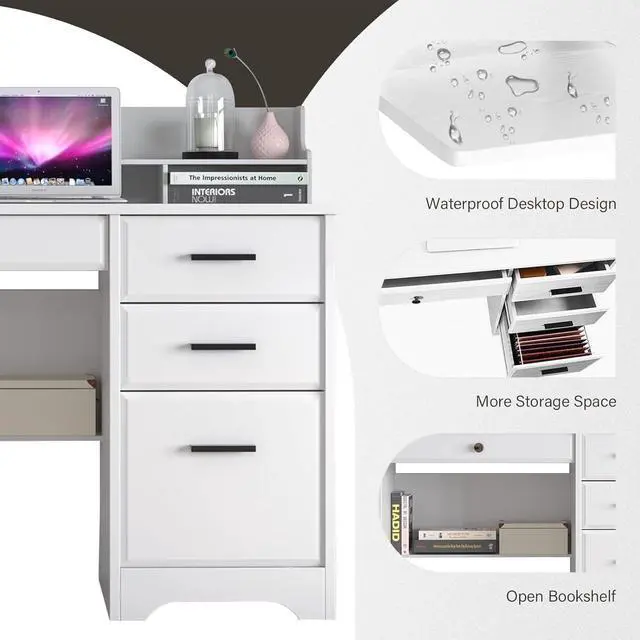 Alt view image 3 of 5 - Catrimown Computer Desk with 4 Drawers and Hutch, Home Office White Writing Desk with File Drawer and Shelves for Small Spaces, Small Desk Study Table for Bedroom
