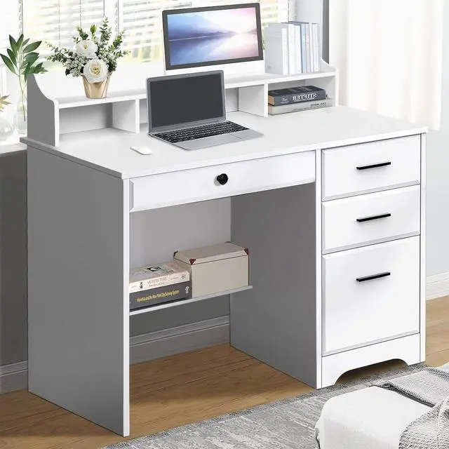 Alt view image 4 of 5 - Catrimown Computer Desk with 4 Drawers and Hutch, Home Office White Writing Desk with File Drawer and Shelves for Small Spaces, Small Desk Study Table for Bedroom