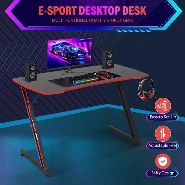 Alt view image 4 of 7 - PayLessHere 47 Inch Modern Z-Shaped Gaming Desk Computer Desk for Home Office with Headphone Hook - Sturdy Workstation Table with Spacious Desktop,Red