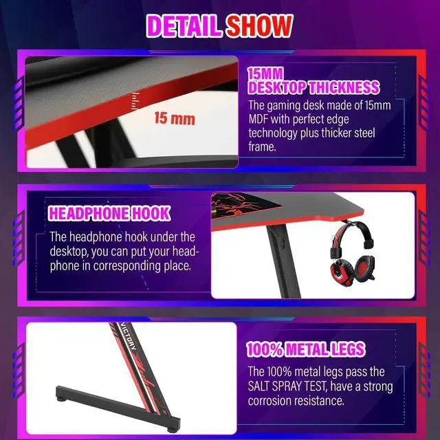 Alt view image 5 of 7 - PayLessHere 47 Inch Modern Z-Shaped Gaming Desk Computer Desk for Home Office with Headphone Hook - Sturdy Workstation Table with Spacious Desktop,Red