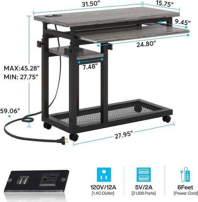 Alt view image 2 of 7 - Tribesigns Small Portable Desk with Power Outlet, Height Adjustable Sofa Couch Bedside Laptop Table with Wheels, Mobile Standing Desk Rolling Computer Cart C Side Table with USB Ports