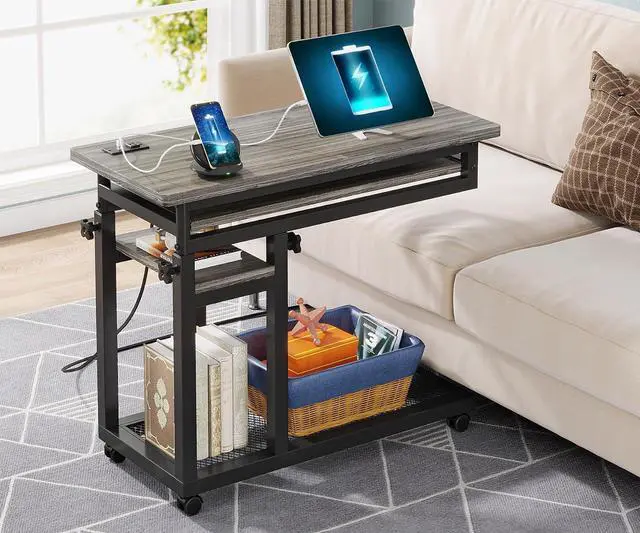 Main image of Tribesigns Small Portable Desk with Power Outlet, Height Adjustable Sofa Couch Bedside Laptop Table with Wheels, Mobile Standing Desk Rolling Computer Cart C Side Table with USB Ports