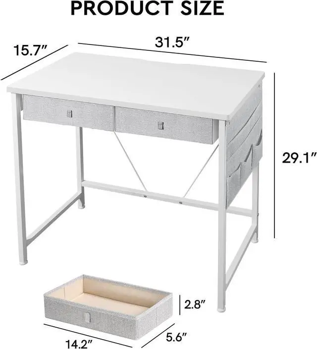 Alt view image 3 of 7 - Small Desk with Drawers, 31.5 inch Small Computer Desk with Drawers, Writing Desk with Drawers for Small Spaces, Compact Desk for Small Spaces, Metal Frame for PC Laptop, White