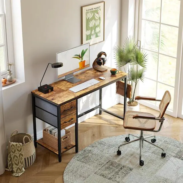 Alt view image 4 of 7 - Cubiker Computer Home Office Desk with Drawers, 40 Inch Small Desk Study Writing Table, Modern Simple PC Desk, Rustic Brown