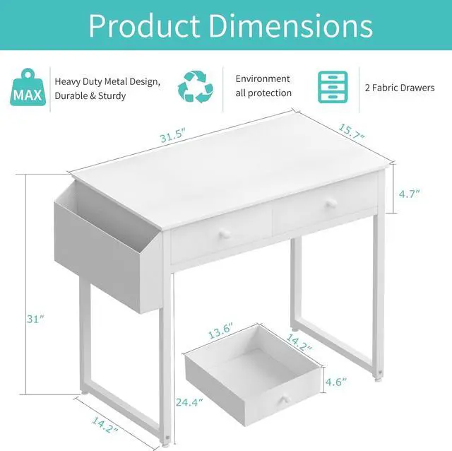 Alt view image 3 of 7 - Small White Desk with Drawers - for Bedroom, 32 Inch Home Office Computer Desk with Fabric Storage Drawer and Bag, Study Writing Table for Small Spaces, White